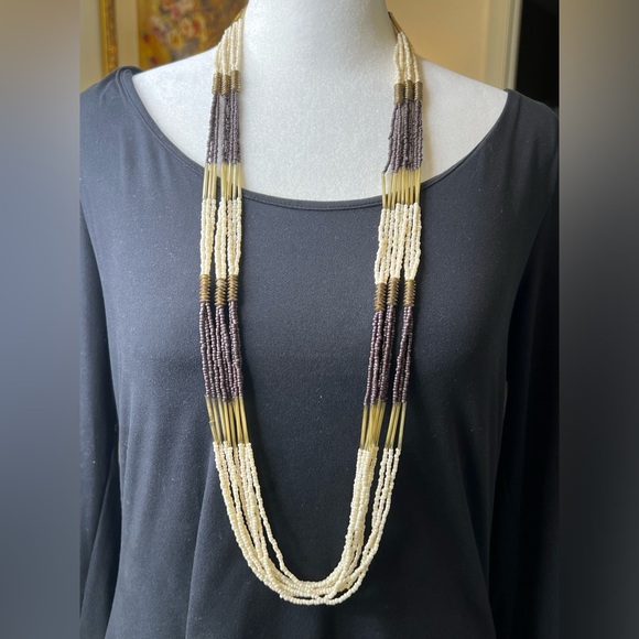 Multi Strand Necklace Ethnic, Southwestern Look Brown, Gold, Bronze, Gold - Picture 1 of 8